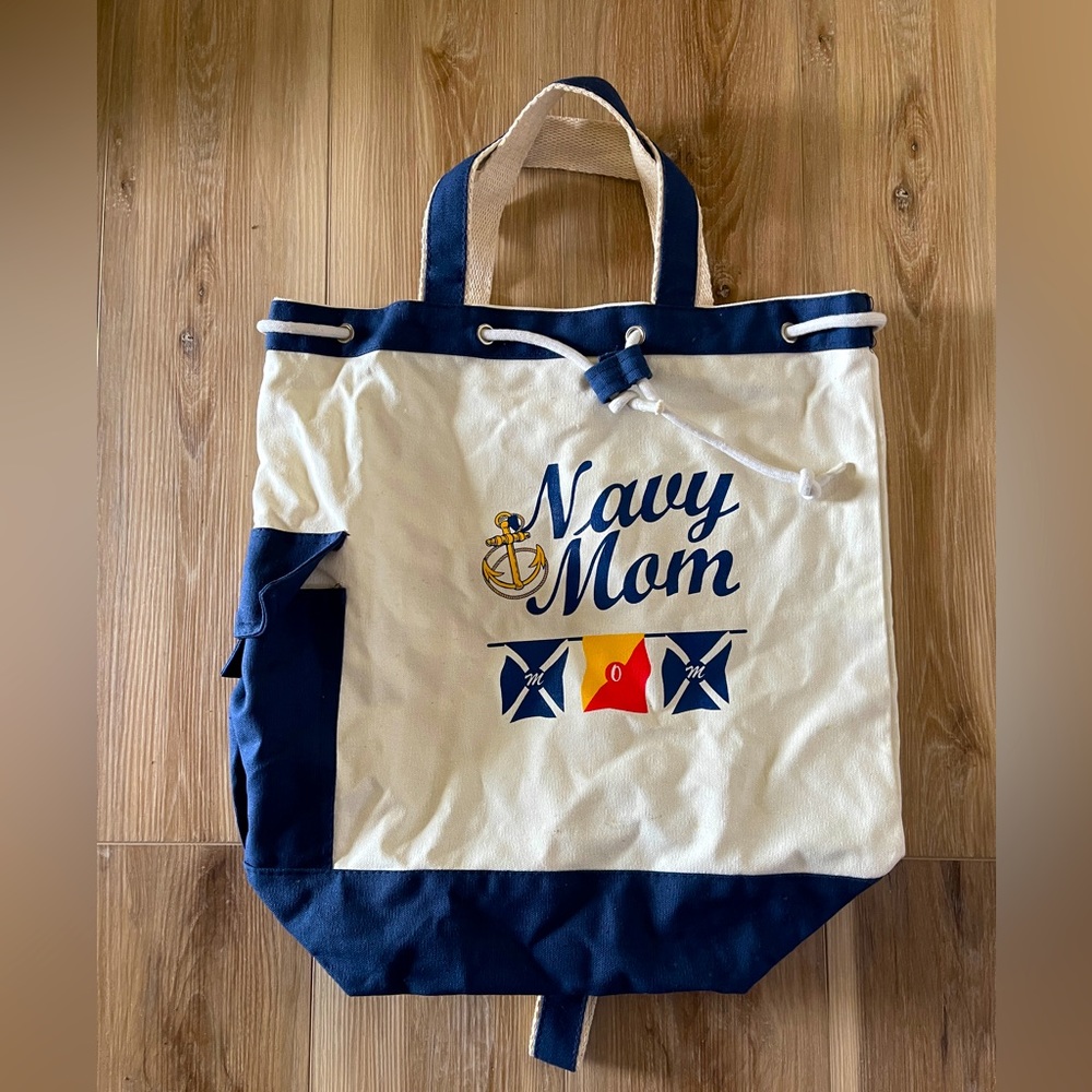 Navy Mom duffle style canvas bag